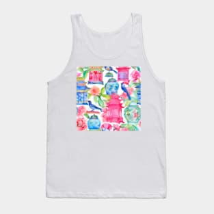 Pagodas, birds and chinoiserie jars in preppy colors Tank Top